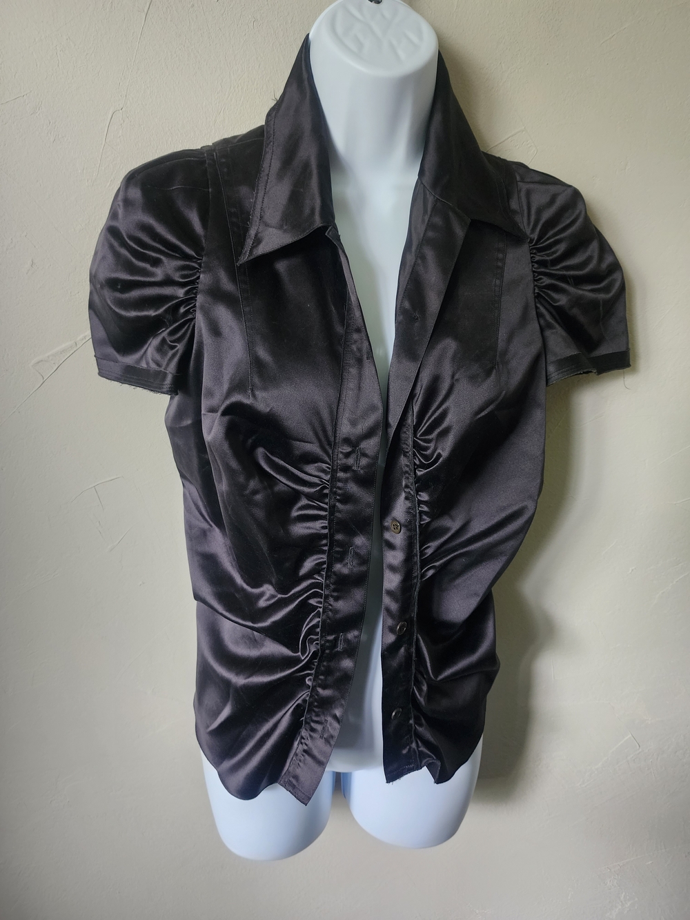 Prada Black Satin Ruched Short-Sleeve Button-Down Top Size 38